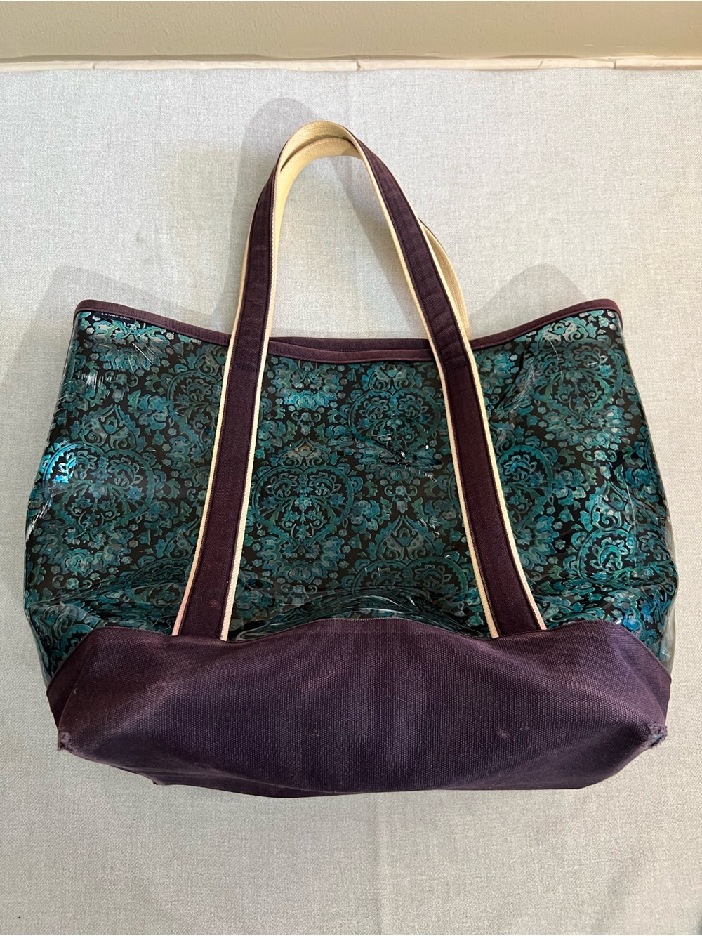 Lands’ End Turquoise Brocade Polly Canvas Plum Tote Bag Large